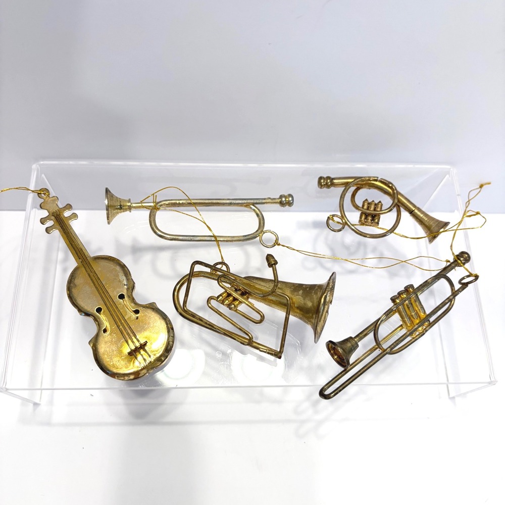 Vintage Gold Metal Musical Instrument Ornaments Set of 5 Violin Trumpet Tuba